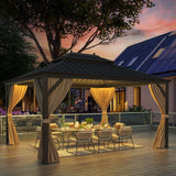 MELLCOM 10' x 12' Hardtop Gazebo, Brown Permanent Pavilion Gazebo with Curtains and Netting, Galvanized Steel Metal Double Roof Aluminum Gazebo with Aluminum Frame for Patio, Lawn & Garden MELLCOM