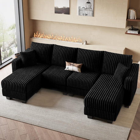 Belffin U Shaped Couch with Reversible Chaises Sectional Couches for Living Room Sectional Couch with Ottomans Corduroy (Black, U Shaped) Belffin