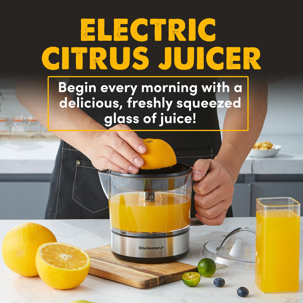 Elite Gourmet ETS623 BPA-Free Electric Citrus Juicer, Compact, Large Volume, Pulp Control, Oranges, Lemons, Limes, Grapefruits with Easy Pour Spout, 24oz, Black/Stainless Steel Elite Gourmet