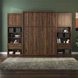 REALROOMS Halstead Queen Size Murphy Bed with 2 Nightstand Cabinets, Space-Saving Fold-Out Wall Bed with Open Shelving and Concealed Storage for Bedroom or Guest Room, Walnut REALROOMS