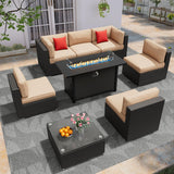 Patiomore 8-Pieces Outdoor Patio Furniture Sets,45”Propane Gas Fire Pit Table， All-Weather Black Brown Wicker Rattan Sectional Sofa, Washable Seat Cushion(Beige) Patiomore