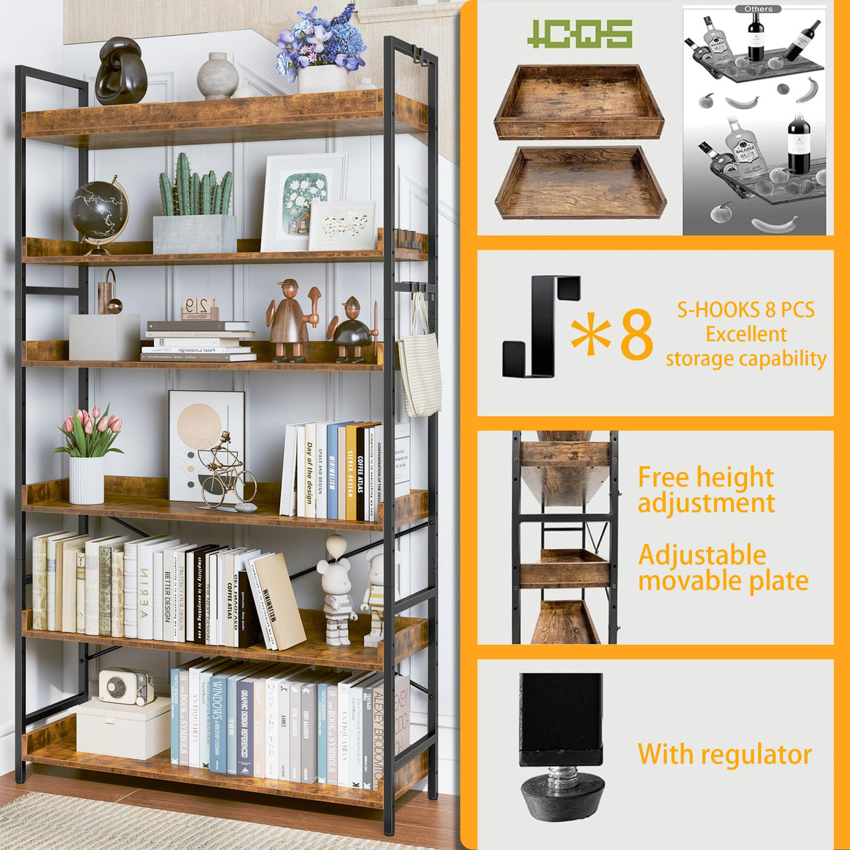 HCHQHS Bookshelf, Adjustable Industrial Bookcase, Vertical Tall Book Shelf, Wood and Black Metal Open Bookshelves for Home Office, Living Room, Bedroom (Rustic Brown, 6-Tier (31" W x 70" H)) HCHQHS