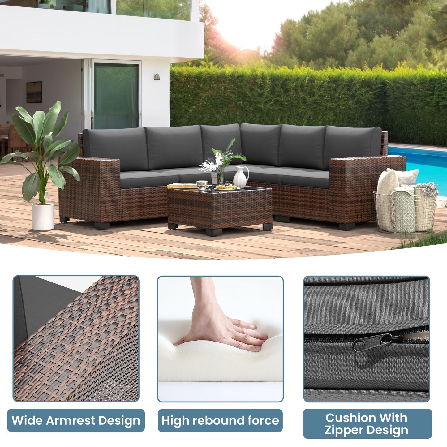 Amopatio Outdoor Sectional Furniture Set 6-Piece Brown Rattan Wicker Conversation Sofa Set with Glass Top Table and Waterproof Covers,Grey Cushions - WoodArtSupply