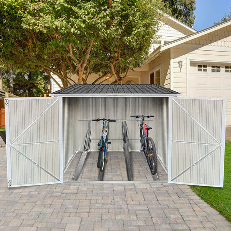 Metal Bike Storage Shed for 4 Bicycles, Outdoor Low Profile Steel Bike Shed with Lockable Doors & Adjustable Tracks, Rust & Water-Resistant Bicycle Storage Cabinet for Backyard, Grey Gefaxi