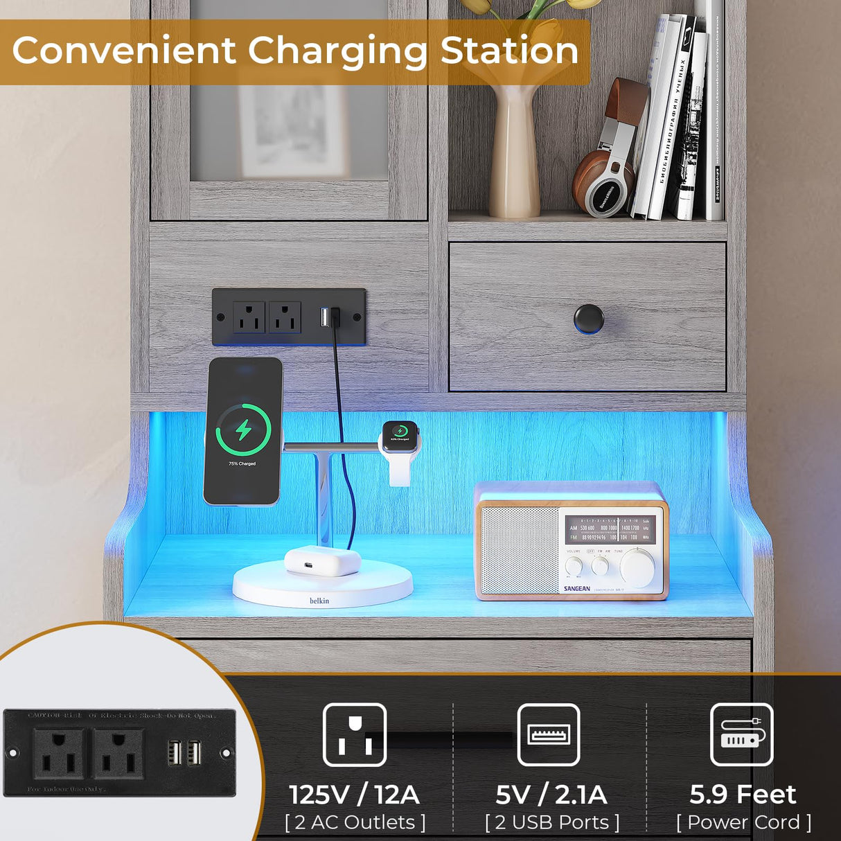 BTHFST Grey Nightstand Set of 2, LED Night Stand Set 2 with Charging Station, Tall Bedside Table with Bookshelf & Drawers, End Side Table with Lights & Storage BTHFST