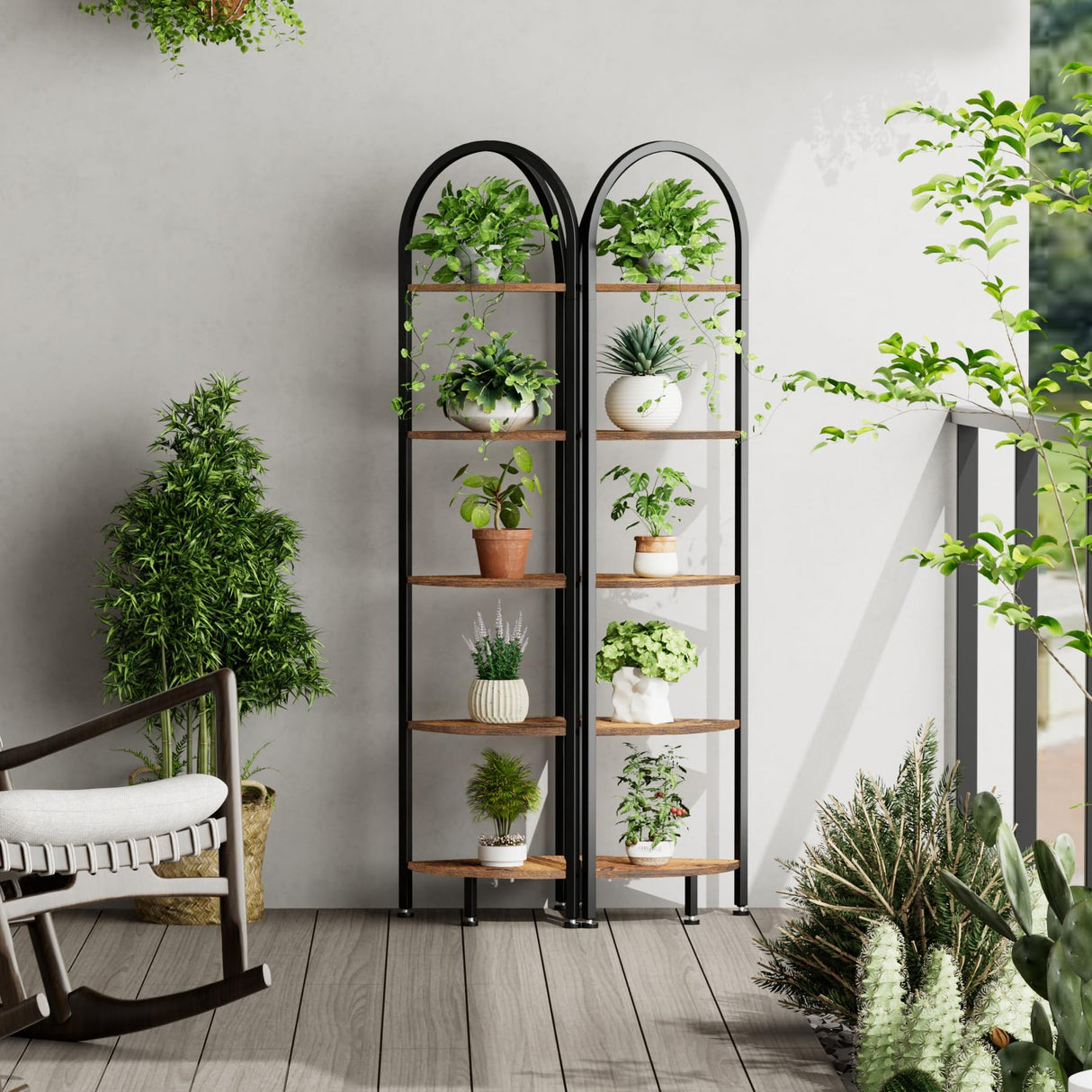 Homhedy 5-Tier Corner Shelf Stand, Wall Corner Bookshelf with Metal Frame, Bathroom Storage Rack Shelf, Plant Stand, Industrial Style,Rustic Brown and Black Homhedy