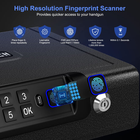 Gun Safe,Biometric Gun Safe for Pistols 3-Ways unlock Safe Fingerprint Digital PIN Key Unlock with Voice, Gun lock box for Cloakroom living room Bedroom Nightstand and Car BILLCONCH BILLCONCH