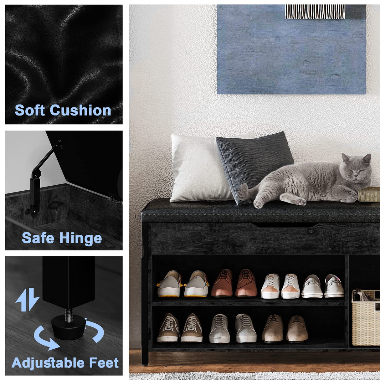 astimey Shoe Bench, Lift Top Shoe Storage Bench, Adjustable Shelf Entryway Bench, Metal and Wood Shoe Rack Organizer with Cushion for Entry, Bedroom, Closet, Living Room, Hallway, Black 39.5W astimey