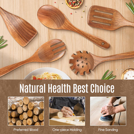 5 PCS Wooden Spoons for Cooking Natural Teak Kitchen Utensils Smooth Non-Stick Surface Cooking Utensils Set Soft Comfort-Grip Wooden Utensils for Cooking MULBOM