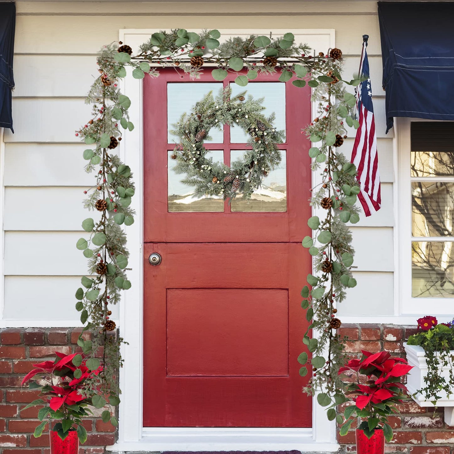 LOHASBEE Artificial Christmas Wreath, 24" Pine Cone Grapevine Flocked Glitter Fir Wreath with White Berries for Christmas Home Front Door Hanging Wall Window Decor