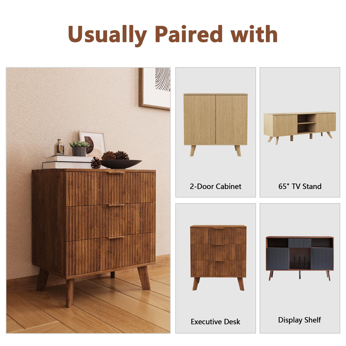 XUZENEST Fluted 3 Drawer Dressers, Modern Closet Dressers Chest of Drawers, Wood Storage Dresser Chest of Drawers Organizer for Bedroom Living Room Hallway Closet(Walnut) XUZENEST