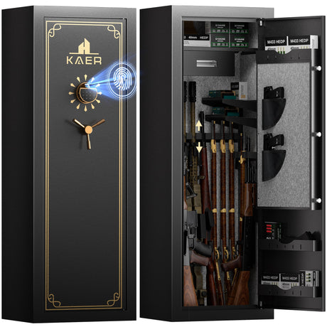 KAER 25 Biometric Gun Safe, Wider and Deeper Fingerprint Gun Safes for Rifle and Pistols, Large Quick Access Heavy-Duty Gun Cabinet for Firearm Ammo with Drawer & Gun Rack, Assembled KAER