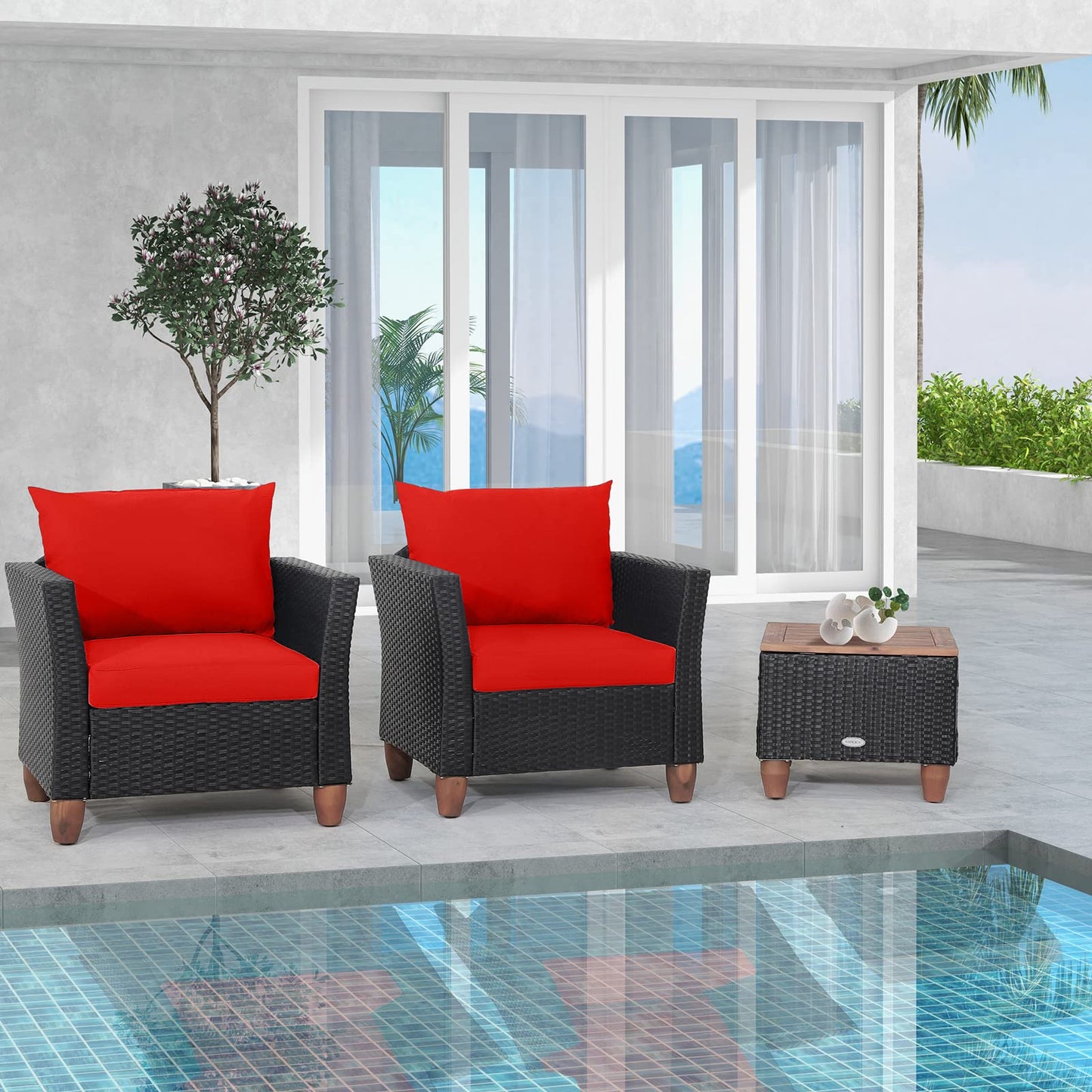 Tangkula 3 Pieces Patio Porch Furniture Set, PE Rattan Wicker Chair Conversation Set with Cushions and Storage Table, Outdoor Acacia Wood Bistro Set for Garden, Poolside (Red) - WoodArtSupply