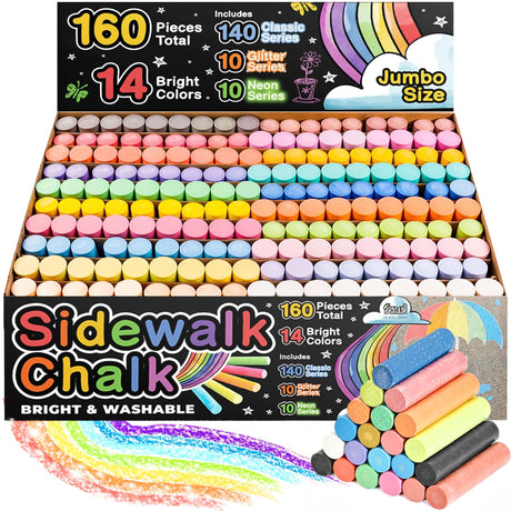 160 PCS Sidewalk Chalk for Kids - 14 Colors, 10 Glitter, 10 Neon Non-Toxic Washable Jumbo Chalks - Bulk Set of Outdoor Paint for Kids and Toddlers - Chalkboard Toys - Big Bucket Chalk for Party Fat Zebra Designs