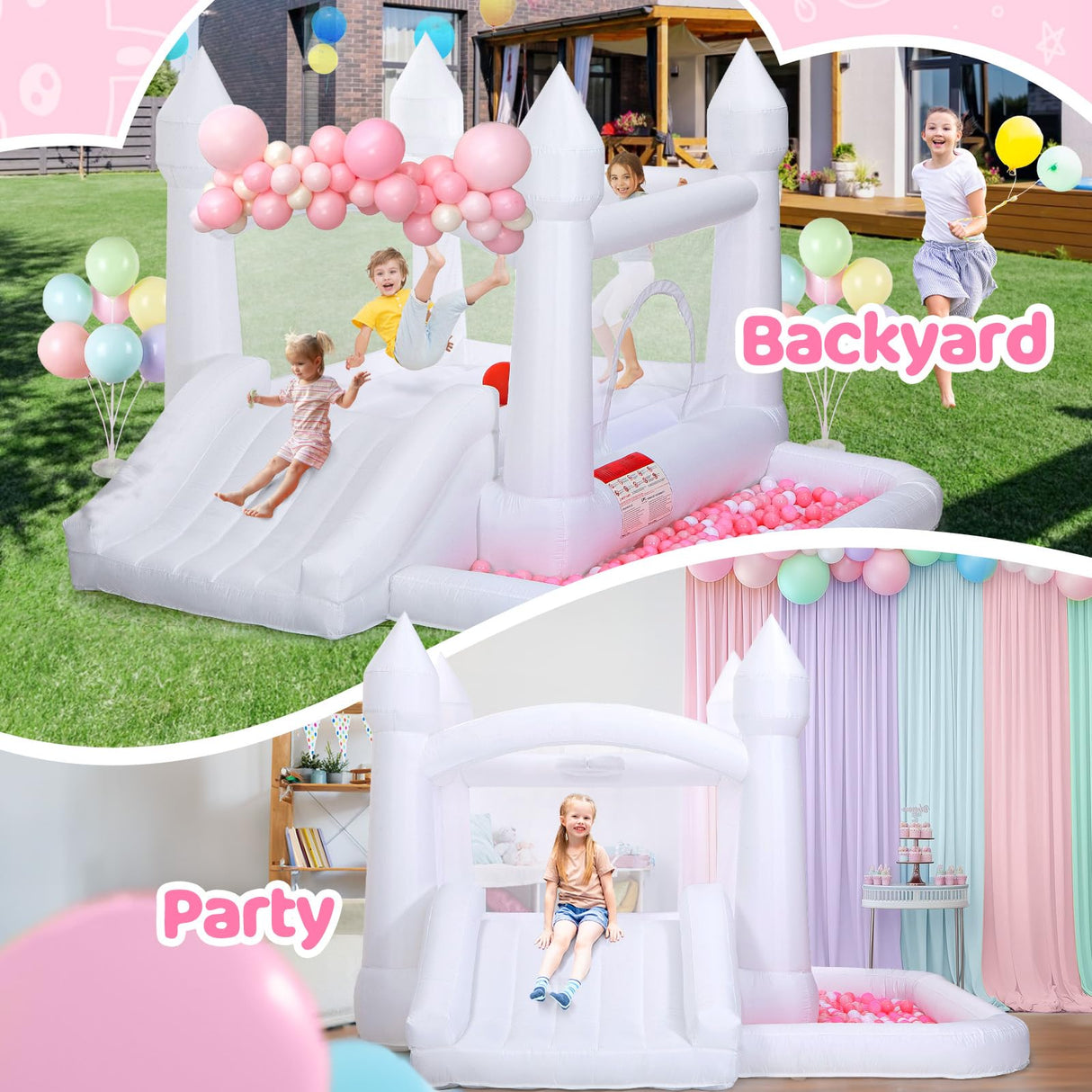 Toiyjofe White Bounce House, Inflatable Bouncer Castle with Slide, Air Blower, Ball Pit, Bouncy Castle for Indoor Outdoor Birthday Party Wedding Decor Backyard for Kids 3-8Y (10FT X 10FT X 7FT) Toiyjofe