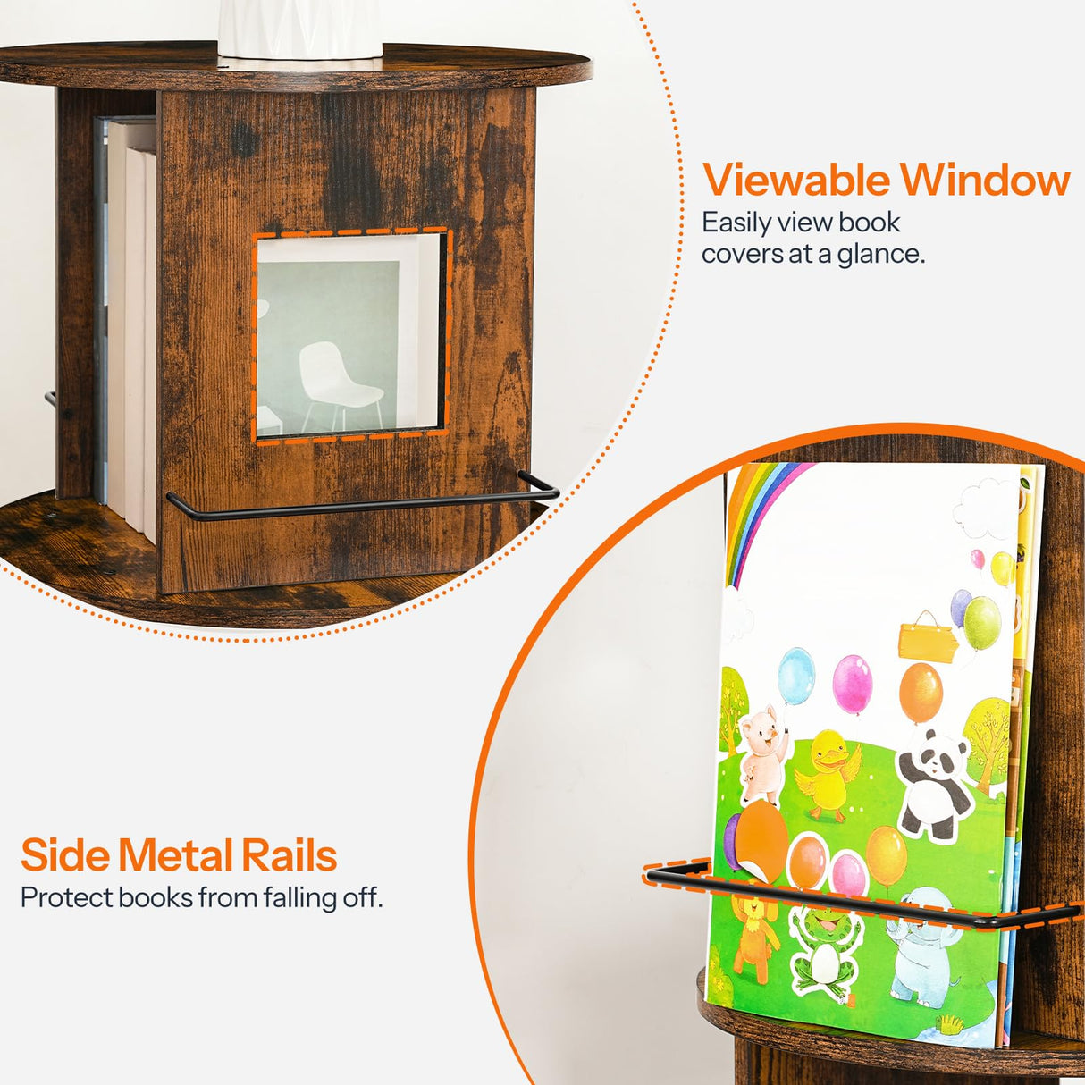 HOOBRO Rotating Bookshelf, 360° Spinning Bookshelf for Small Spaces, 4-Tier Floor Standing Bookcase Storage Rack, Wooden Corner Bookcase for Living Room, Study, Office, Rustic Brown and Black FG54SJ01 HOOBRO