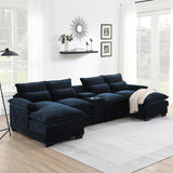 Merax 123" Modular Sectional Couches with Waist Pillows, Cupholders, Console and USB Charging, 6-Seat Upholstered Sleeper Sofa Chaise Lounge & Double Cushions for Living Room, Apartment, Dark Blue Merax