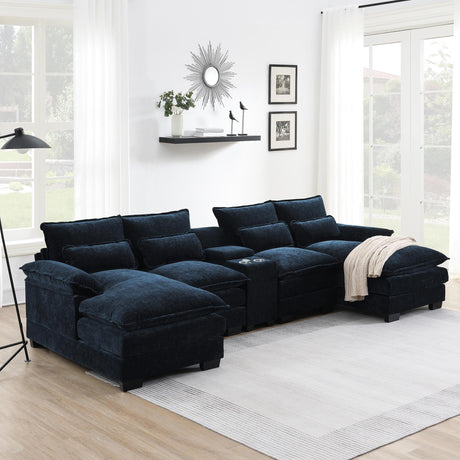 Merax 123" Modular Sectional Couches with Waist Pillows, Cupholders, Console and USB Charging, 6-Seat Upholstered Sleeper Sofa Chaise Lounge & Double Cushions for Living Room, Apartment, Dark Blue Merax