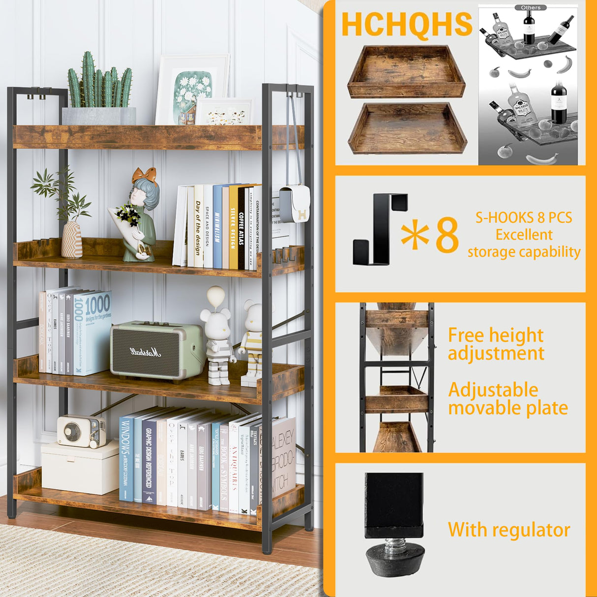 HCHQHS 4 Tier Bookshelf, Adjustable Industrial Bookcase, Vertical Tall Book Shelf, Wood and Black Metal Open Bookshelves for Home Office, Living Room, Bedroom HCHQHS