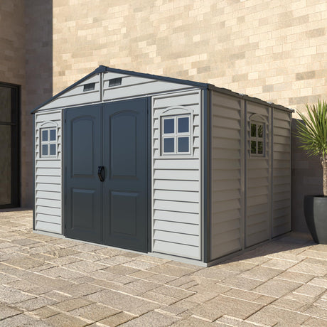 Duramax Woodside Plus 10 x 8 (8.02 m2) Plastic Garden Shed with 3 Fixed Windows & Metal Foundation Kit, Strong Metal Roof Structure Fire Retardant and Maintenance-Free Storage Shed - Dark Grey/Adobe DURAMAX