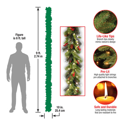 National Tree Company Pre-Lit Artificial Christmas Garland, Green, Crestwood Spruce, White Lights, Decorated with Pine Cones, Berry Clusters, Battery Operated, Christmas Collection, 9 Feet