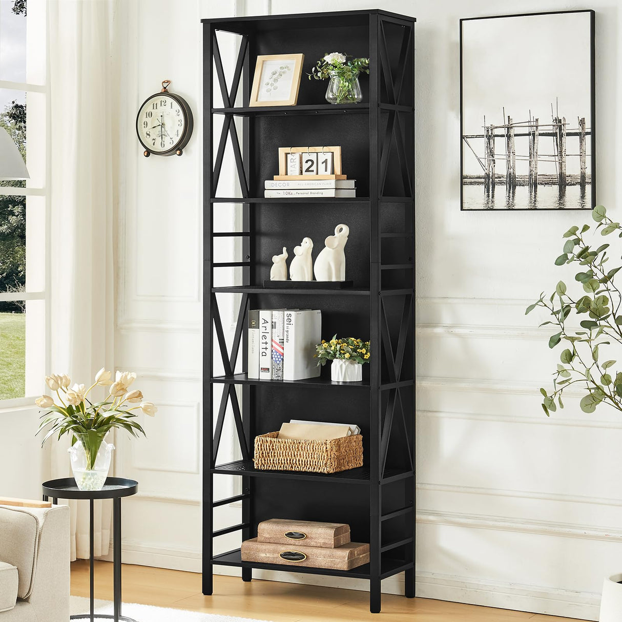 HOMISSUE Bookshelf, 7-Tier Bookshelf, Rustic Wood Metal Bookshelves and Bookcases, Freestanding Open Bookshelf, Industrial Tall Bookcase for Home Office, Living Room and Bedroom, Black HOMISSUE