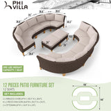 PHI VILLA 12 Pieces Patio Conversation Set Half Moon Wicker Outdoor Furniture Sofa Set Curved Circle Rattan Sofa for Garden PHI VILLA