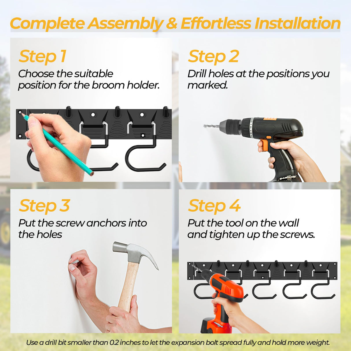 GARLWOLEX 34 Inch Garden Tool Organizer Wall Mount with Non Slip Rubber Coated Metal Hooks, Storage Rack for Indoor/Outdoor Shovel, Rake, Mop and Broom Holder Wall Mount （ 10 Hooks+10 Holders GARLWOLEX