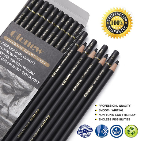 Qionew Professional Charcoal Pencils Drawing Set - 10 Pieces Super Soft, Soft, Medium & Hard Charcoal Pencils for Drawing, Sketching, Shading, Beginners & Artists Qionew