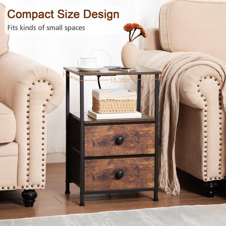 LOAKEKEL Night Stand Set 2, Nightstand with Charging Station, End Tables with Storage Shelf for Small Spaces, Bedside Table Side Tables with 2 Fabric Drawers for Bedroom, Rustic Brown, HETS020PBR LOAKEKEL