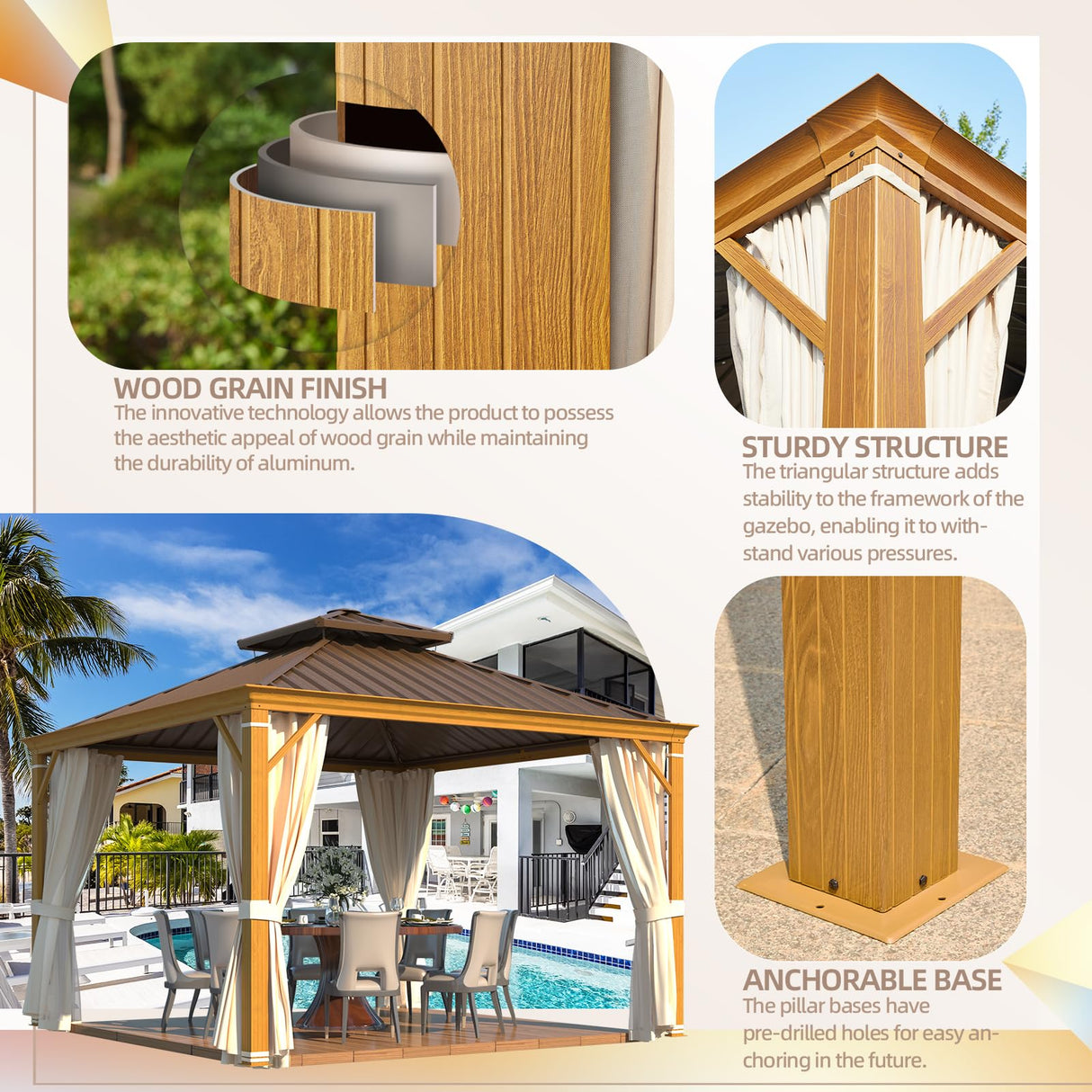 YOLENY 12' x 12' Hardtop Gazebo Faux Wood Grain Metal Gazebo with Aluminum Frame, Galvanized Steel Double Roof, Outdoor Patio Gazebo Pergolas with Netting and Curtains for Backyard, Patio, Lawns YOLENY