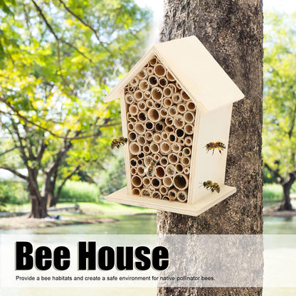 Native Hive Wooden Bee House, Natural Handmade Wooden Bee Box Habitat with Bamboo Tubes,Insect House Shelter for Attracting Peaceful Bee Pollinators (2PCS) - WoodArtSupply