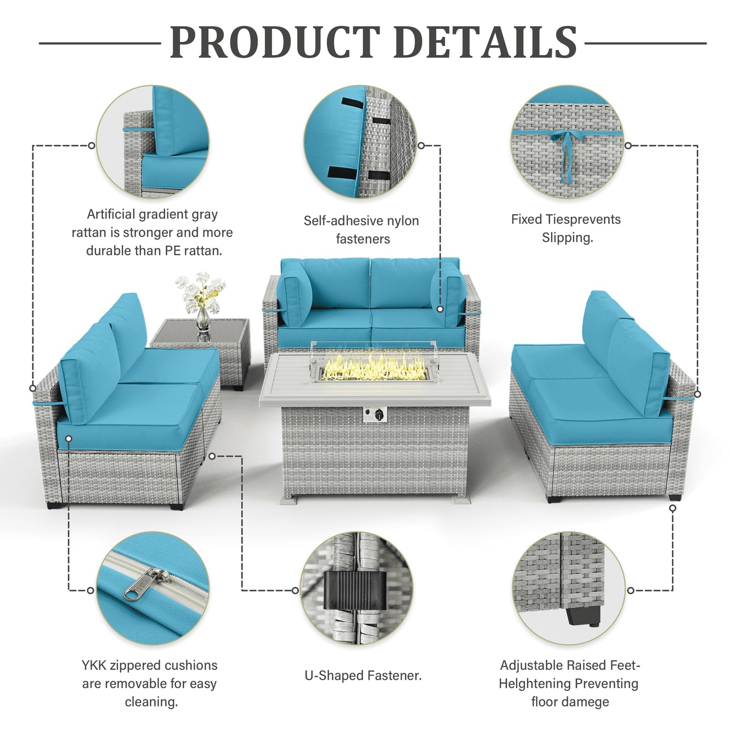 8-Piece Patio Furniture Set With Fire Pit Table, With 5" High-Resiliency Seat Cushions Light Grey Outdoor Modular Wicker Conversation Set, With 43in 55,000 Btu Propane Gas Fire Pit Table,Lake - WoodArtSupply