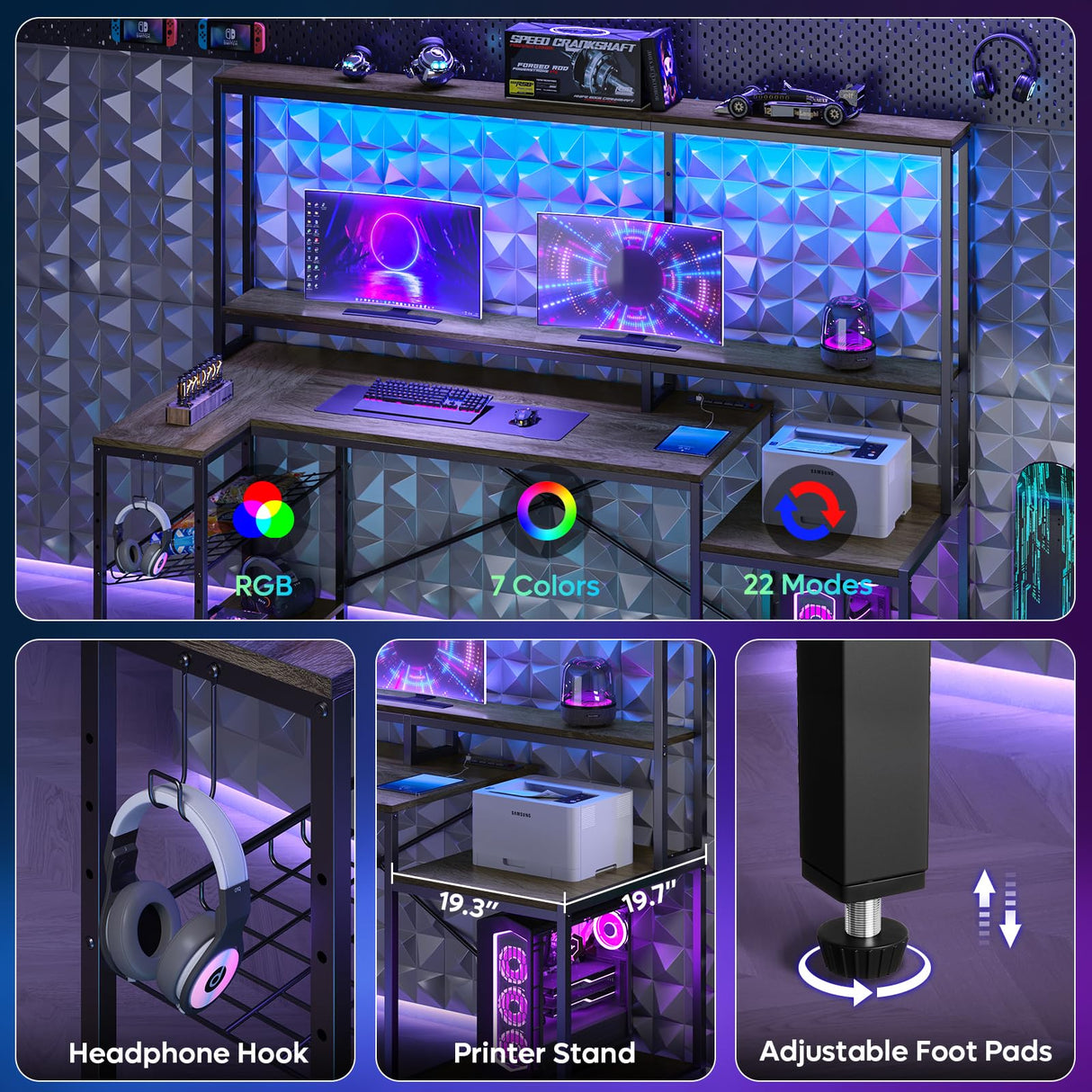 Bestier 71.5” Computer Desk, Gaming Desk with Long Monitor Stand and Hutch, Large L Shaped Corner Desk with Storage Shelf & Printer Stand Headset Hooks, Gamer Desk, Grey Oak Bestier