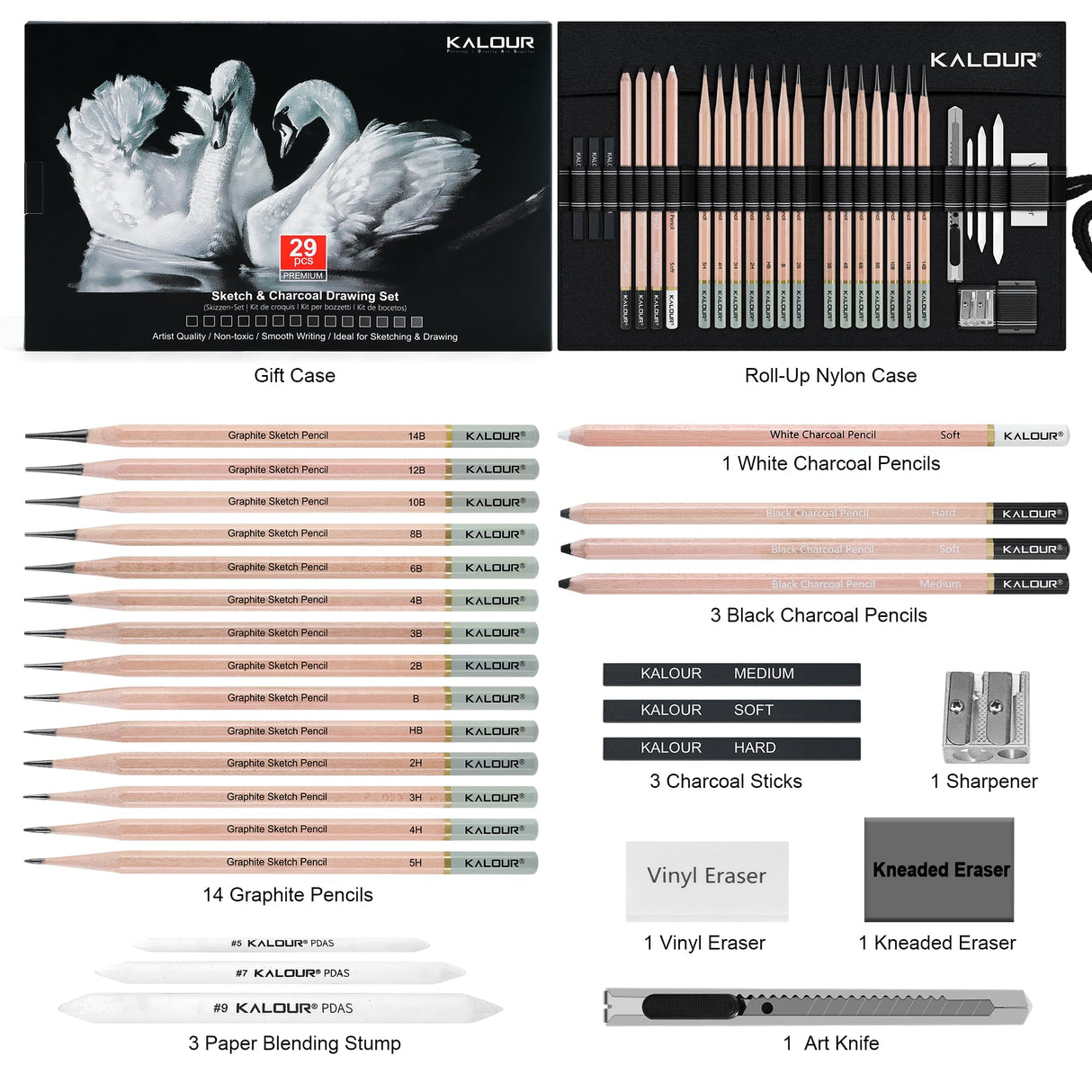 KALOUR 29 Pro Sketching Drawing Pencils Set with Roll-Up Nylon Case – 14 Graphite Pencils (14B–5H), Charcoal Pencils, Erasers, Sharpener & Stumps – Complete Art Kit for Artists & Beginner KALOUR