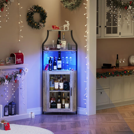 GAOMON Corner Bar Cabinet with LED Strip and Glass Holder, Industrial Wine Cabinet with Adjustble Shelf, 5-Tiers Liquor Cabinet Bar Cabinet for Home, Corner Display Cabinet for Small Space,Grey GAOMON