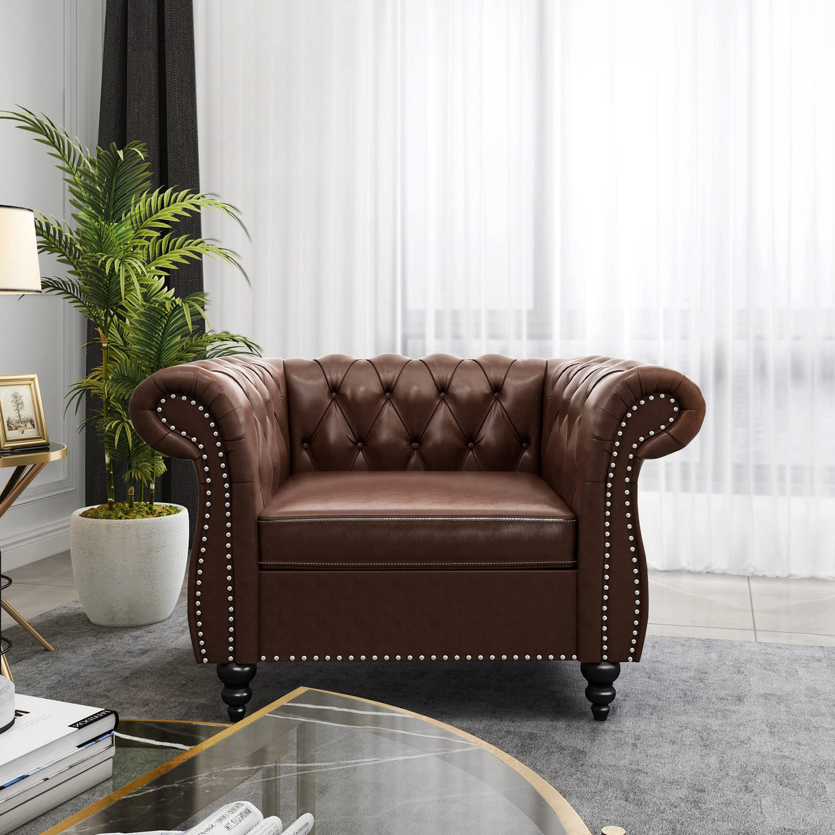 2 Piece Living Room Set, Chesterfield Leather Sofa Couch Chair with Scroll Arms and Nailhead for Living Room, Office (Dark Brown) ORRD