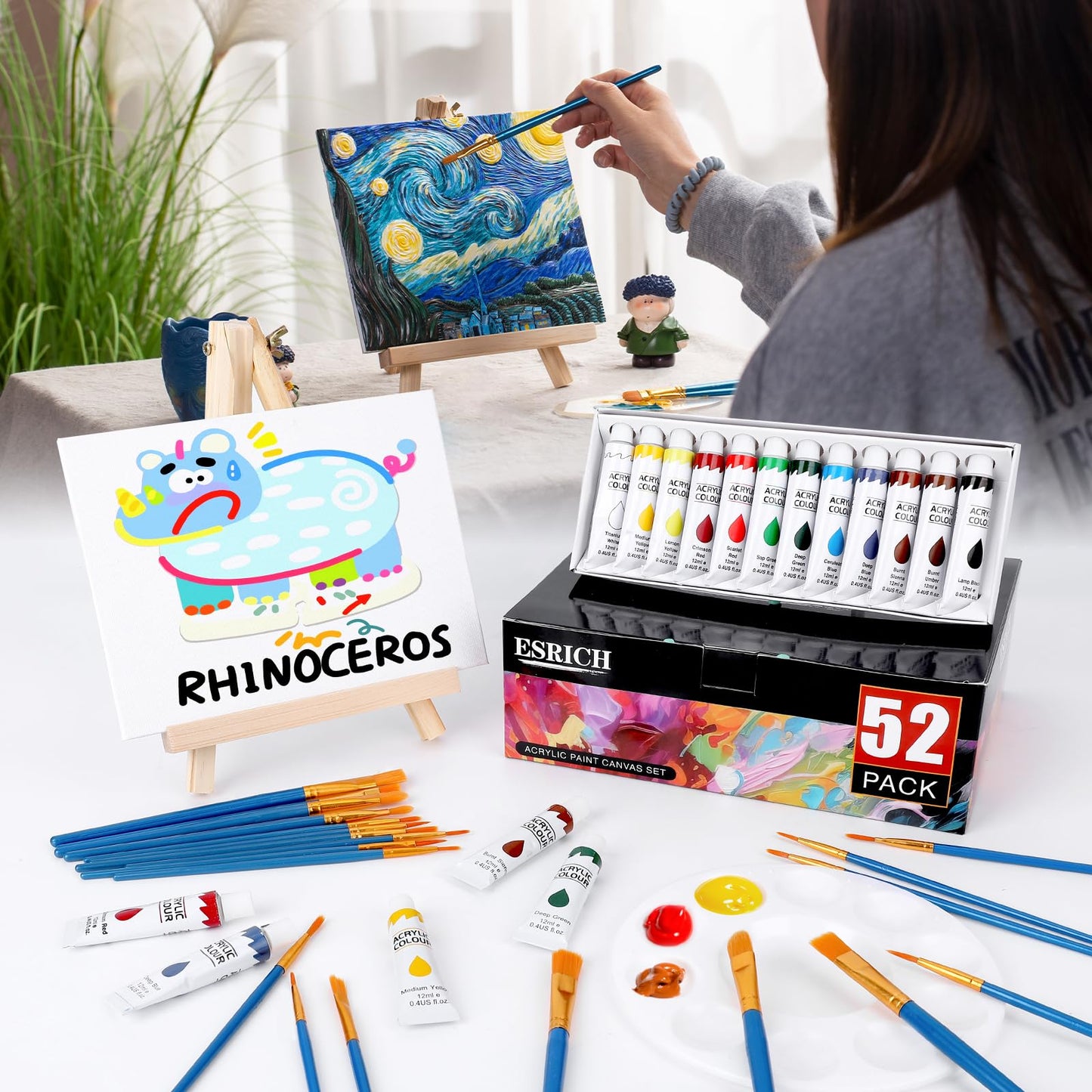 ESRICH 52PCS Acrylic Paint Set, Painting Supplies with 2*12 color acrylic paint (12 ml), 20 brushes, 4 boards, 2 wooden frames, 2 plates, Acrylic Painting Kits for Kids, Adults, Artists and Beginners