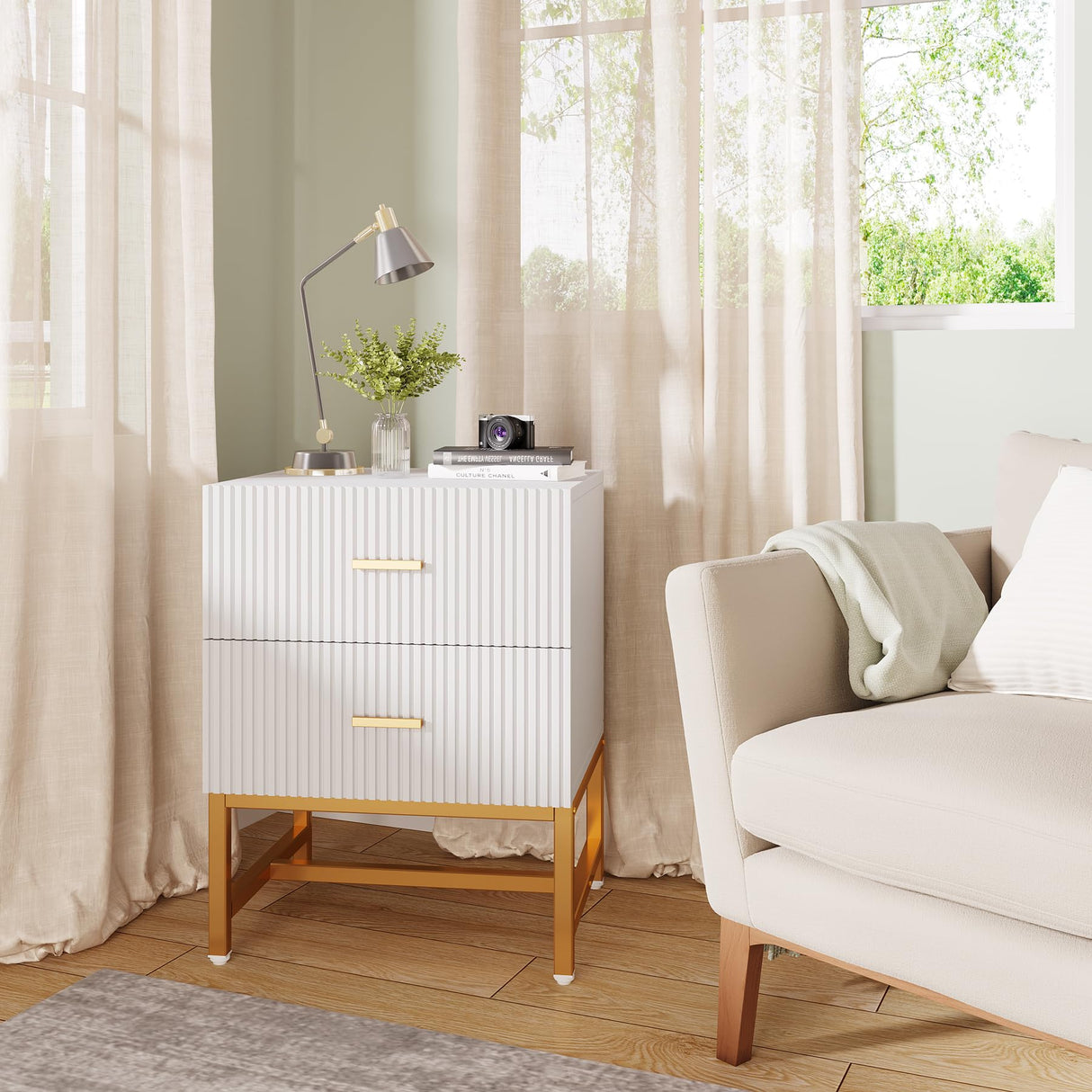 Tribesigns 2-Drawer Nightstand, Modern Fluted Night Stands Bed Side Table with Storage, Wood End Table Accent Table for Bedroom, Living Room, Small Spaces, White Tribesigns