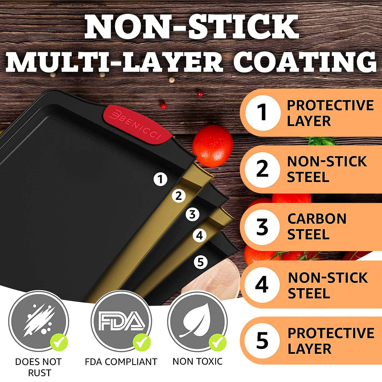 Premium Non-Stick Baking Sheets Set of 3 - Deluxe BPA Free, Easy to Clean Racks w/Silicone Handles - Bakeware Pans for Cooking Baking Roasting - Lets You Bake The Perfect Cookie or Pastry Every Time Benicci