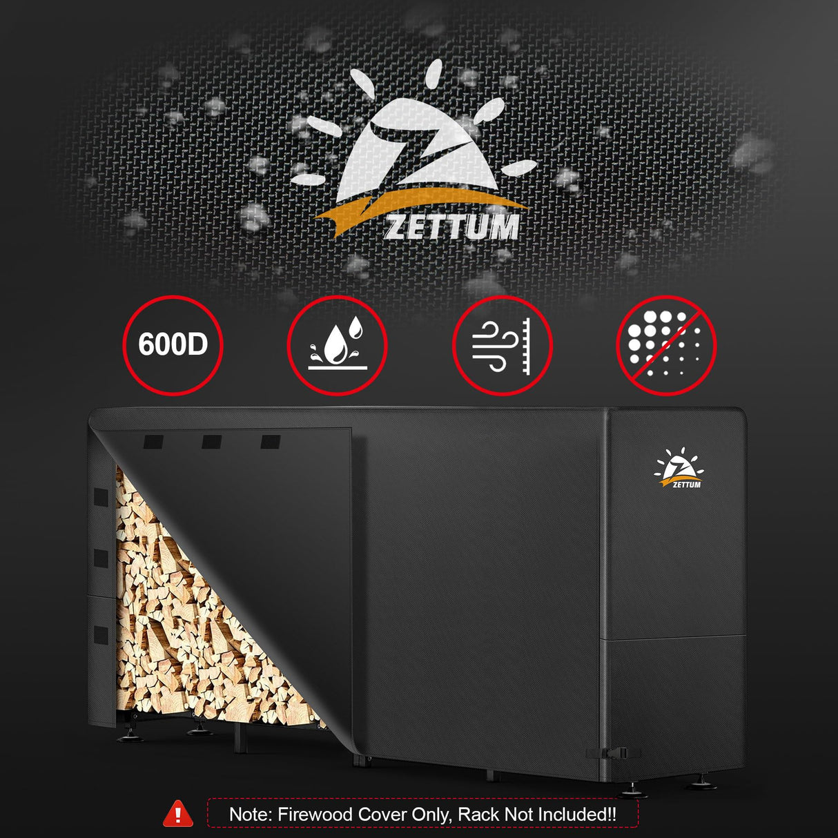 Zettum Firewood Rack Cover 8 Feet - 600D Wood Rack Cover Waterproof & Heavy Duty, 8 Foot Outdoor Log Pile Holder Covers Storage for 8FT Standard Fire Wood Rack Stands (96 x 24 x 49 Inch) Zettum