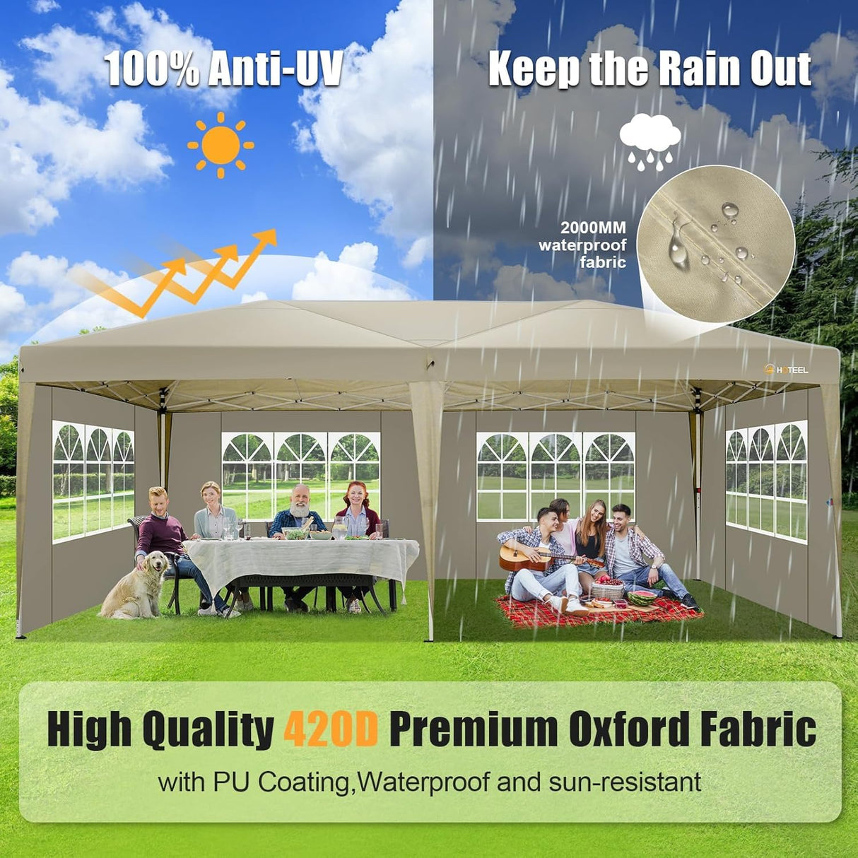 HOTEEL 10x20 Pop Up Canopy Tents for Parties, Outdoor Tent with 6 Sidewalls & 8 Wind-Resistant Rods & Carry Bag, Easy Setup for Patio Events, Wedding, Commercial, Waterproof and UV50+ Protection,Khaki Hoteel