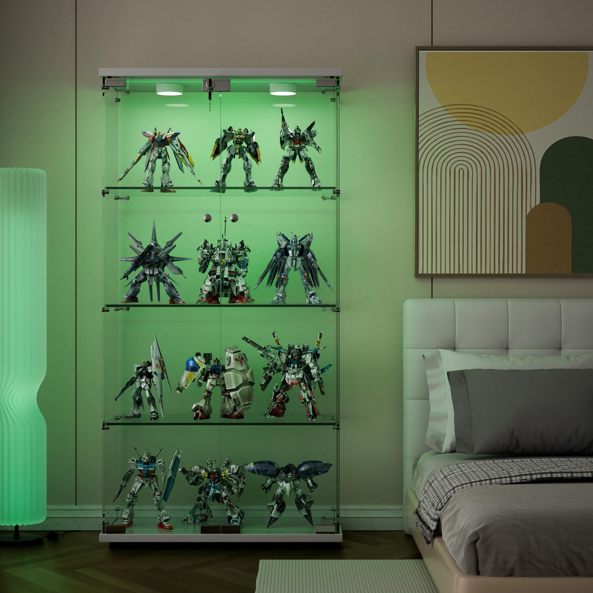 Yoluckea Glass Cabinet with LED Light, 4 Shelves Glass Display Cabinet w/2 Doors,Floor Standing Clear Glass Curio Cabinet Collection Display Cabinet for Living Room Bedroom 64.7” x 31.7” x 14.3” White Yoluckea