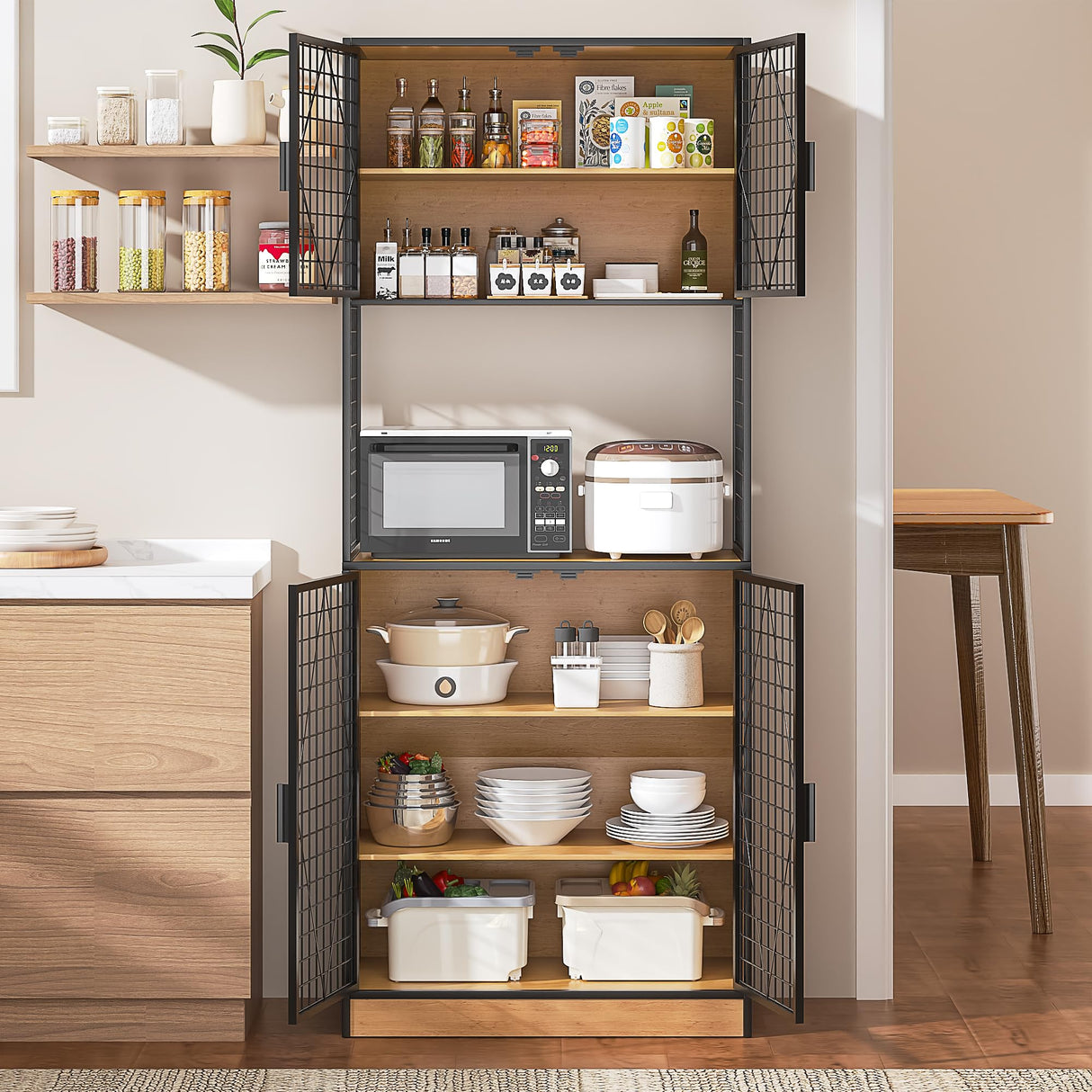 VECELO 72in Tall Kitchen Pantry Cabinet with Doors and Shelves, Large Freestanding Storage Cupboard with Countertop Hutch, Oak VECELO