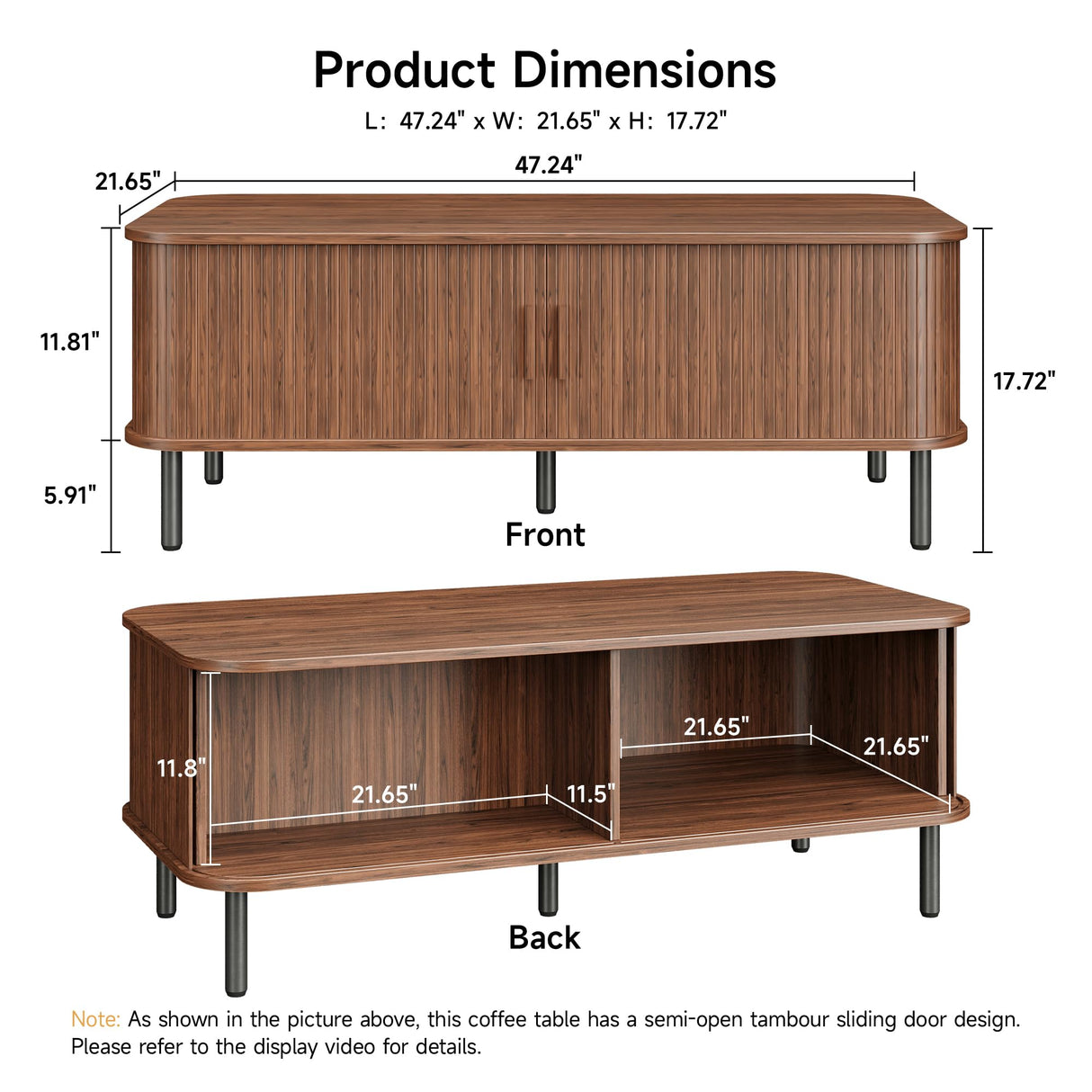 Coffee Table with Storage, 47.2" Mid Century Modern Coffee Tables for Living Room, Rectangle Wood Center Table with Sliding Tambour Door & Adjustable Leg for Living Room, Walnut ONBRILL