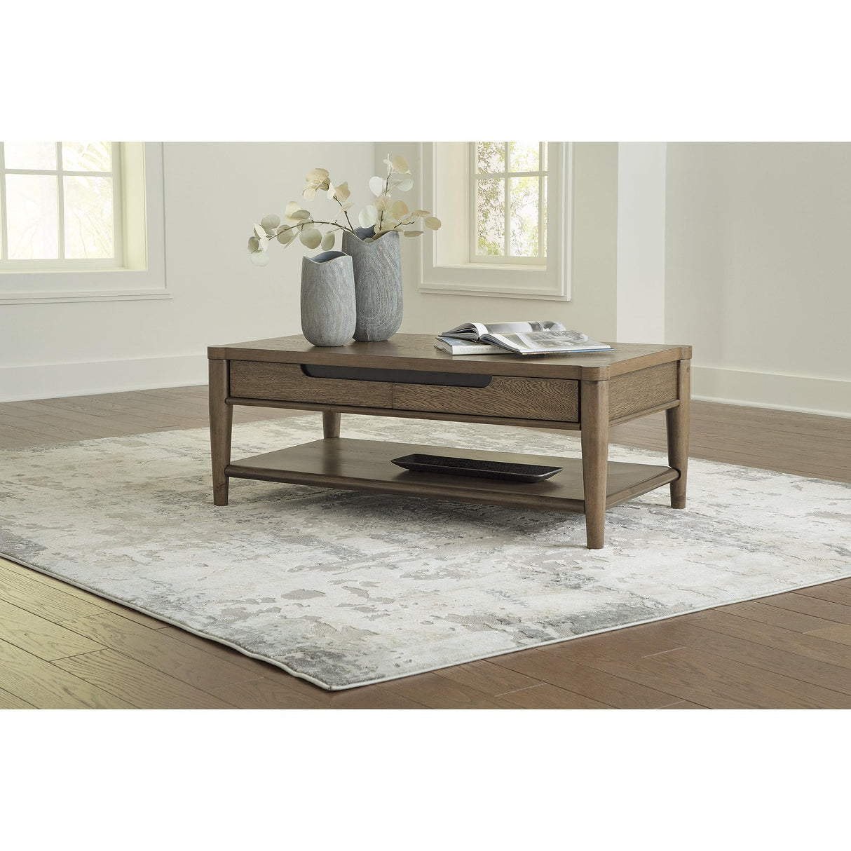 Signature Design by Ashley Roanhowe Contemporary 2-Drawer Coffee Table with Open Lower Shelf and Tapered Legs, Dark Brown Signature Design by Ashley