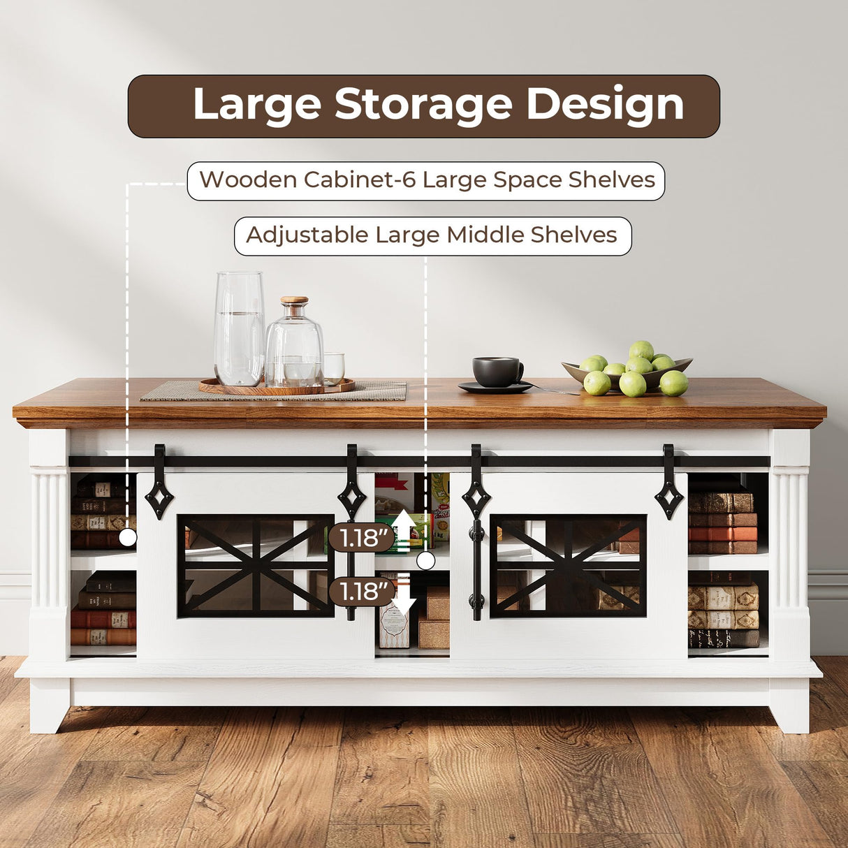 IRONCK 48'' Coffee Table with Sliding Barn Doors, Rustic Center Table with 6 Large Storage Space, Glass Doors and Adjustable Middle Shelf, Farmhouse Coffee Tables for Living Room, White IRONCK