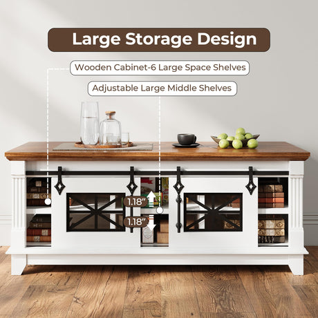 IRONCK 48'' Coffee Table with Sliding Barn Doors, Rustic Center Table with 6 Large Storage Space, Glass Doors and Adjustable Middle Shelf, Farmhouse Coffee Tables for Living Room, White IRONCK