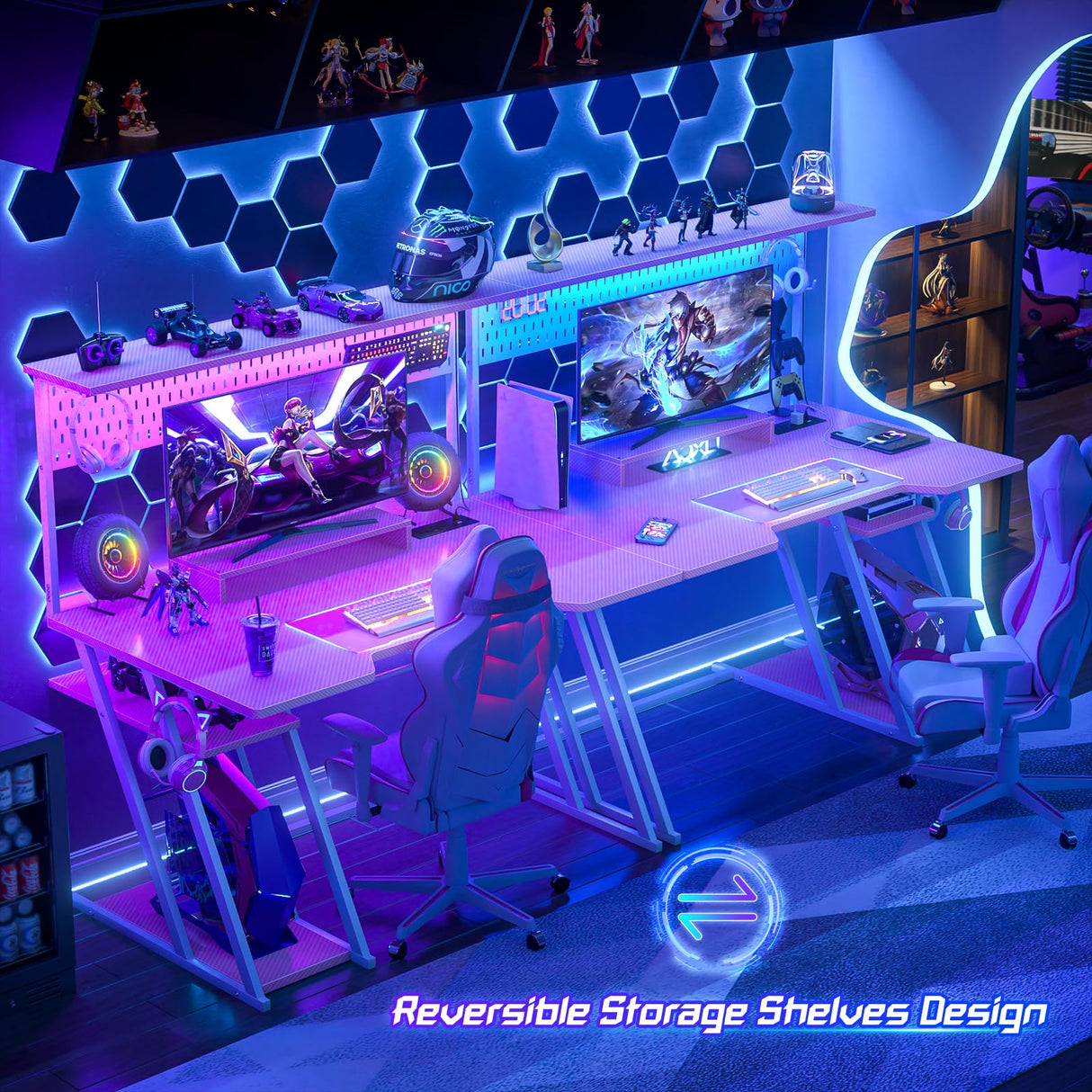 Gaming Computer Desk with Power Outlets, Gaming Desk with Hutch and LED Lights, Reversible PC Gaming Desk with Pegboard, Carbon Fiber Pink, 47" armocity