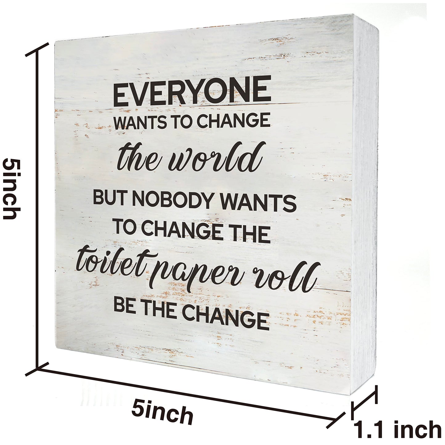 Everyone Wants to Change the World Bathroom Wood Box Sign Rusitc Farmhouse Bathroom Restroom Toilet Desk Shelf Decor (5 X 5 Inch)